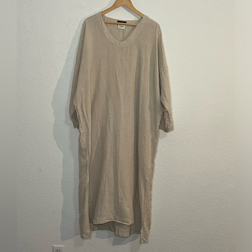 Eskandar Linen Scoop neck long midi dress pockets Lagenlook Oversized Neutral